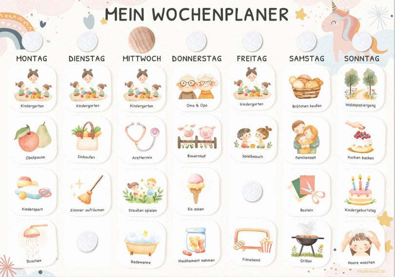 Wochenplaner Kinder inkl. 350 Routinekärtchen - Motiv Einhorn