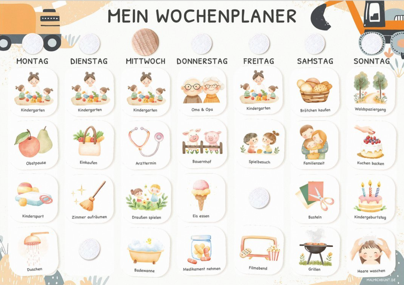 Wochenplaner Kinder inkl. 350 Routinekärtchen - Motiv Bagger