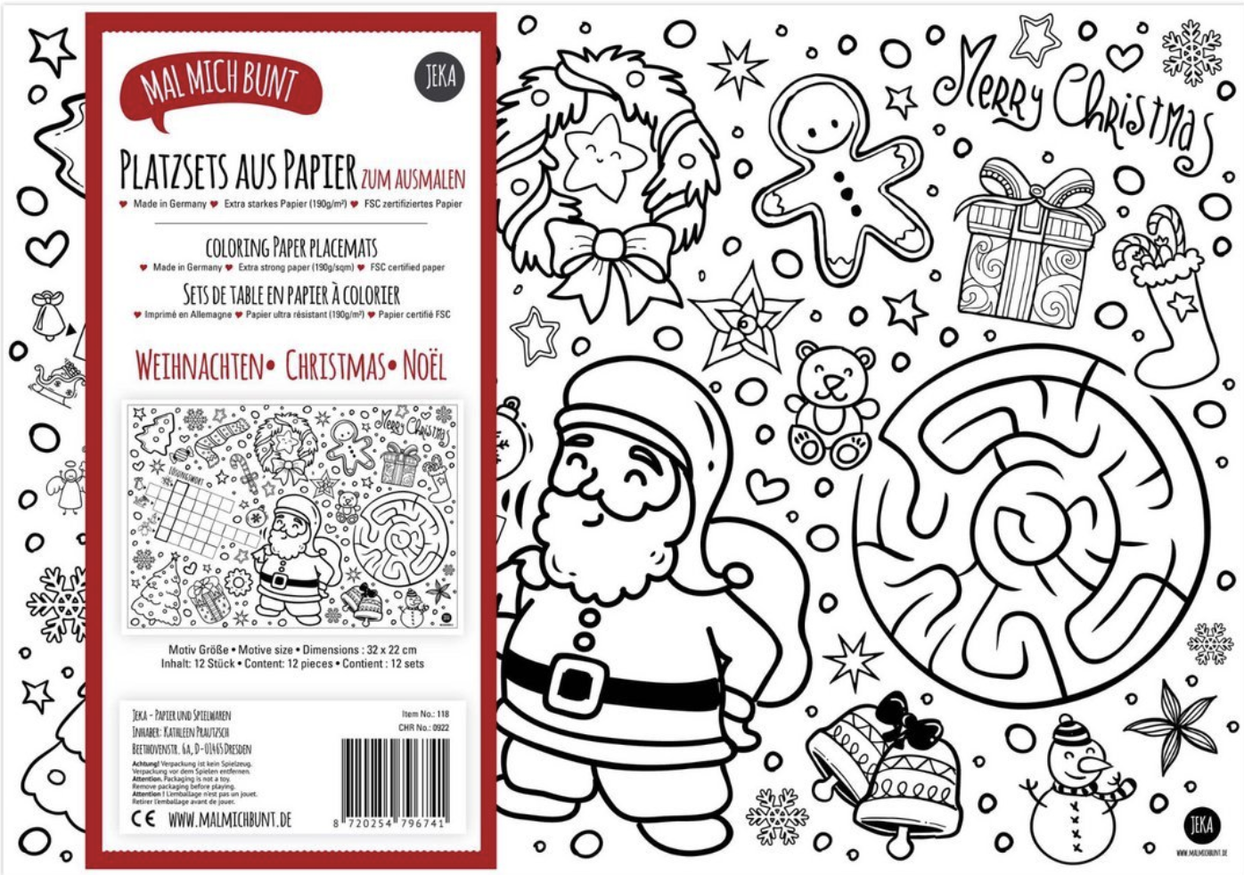 Platzsets zum Ausmalen aus Papier Weihnachten 12 Stück