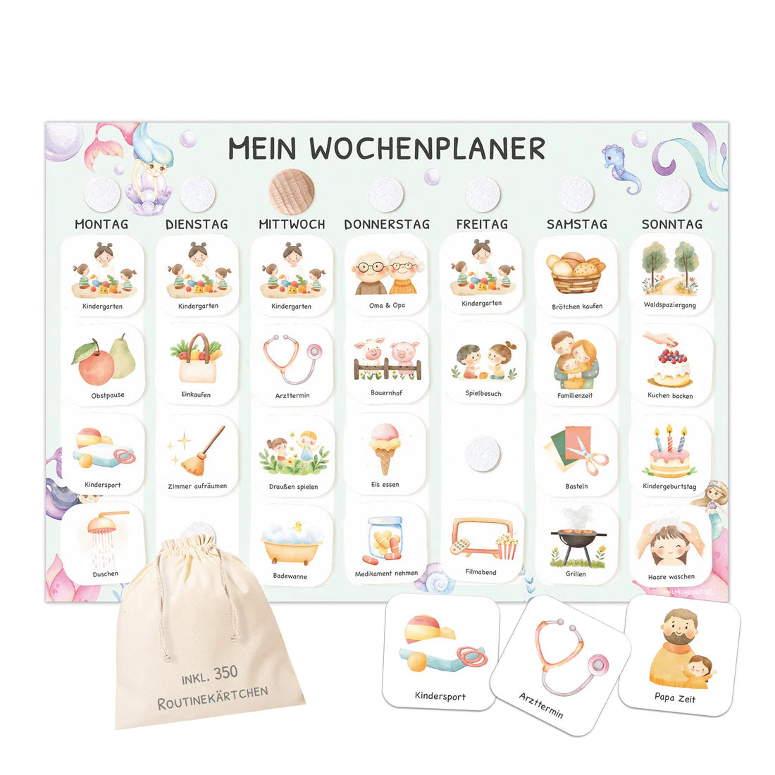 Wochenplaner Kinder inkl. 350 Routinekärtchen - Motiv Meerjungfrau