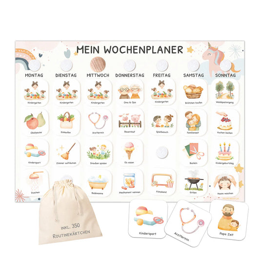 Wochenplaner Kinder inkl. 350 Routinekärtchen - Motiv Einhorn