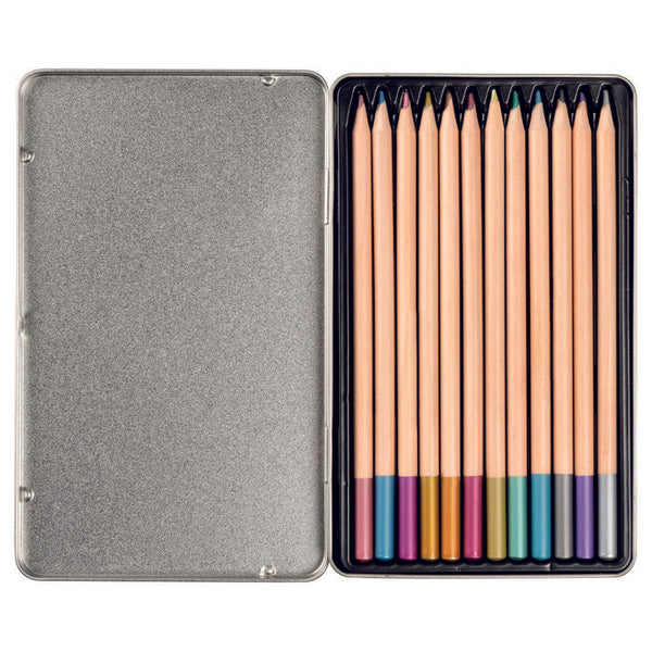 Holz-Buntstifte Metallic, 12 St. in Metallbox
