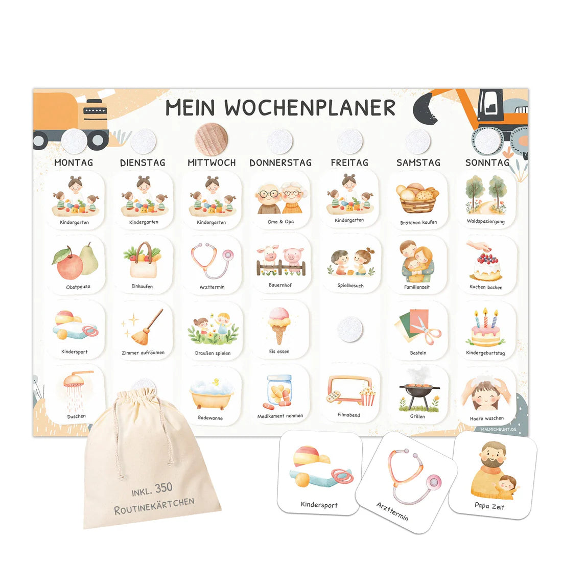 Wochenplaner Kinder inkl. 350 Routinekärtchen - Motiv Bagger